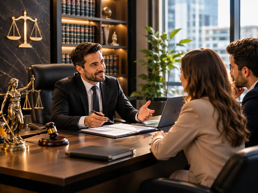 Hukuk bürosunda müvekkilleriyle görüşen avukat