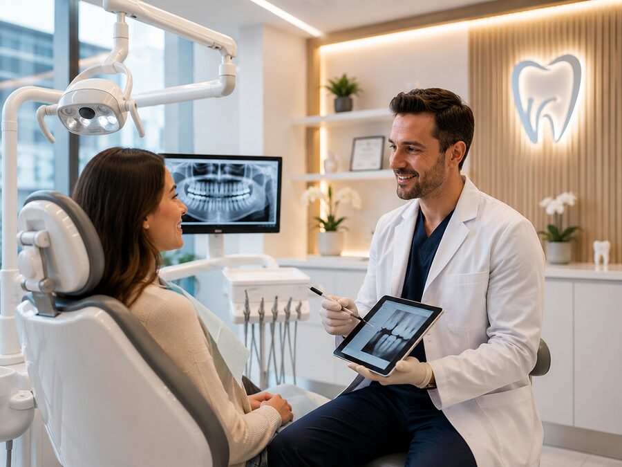 Diş kliniğinde hastasına tablet üzerinden bilgi veren diş hekimi