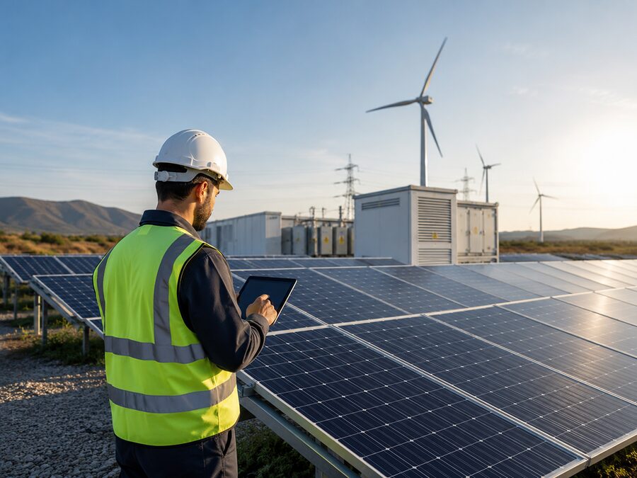 Güneş paneli sahasında tabletle kontrol yapan enerji teknisyeni