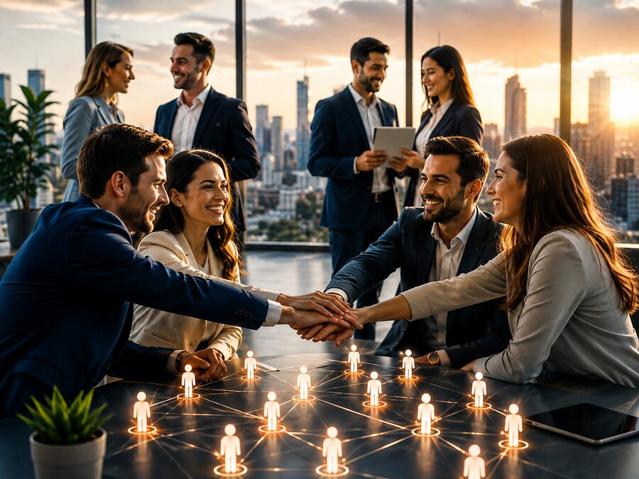 Şehir manzaralı ofiste el birliği yapan network marketing ekibi