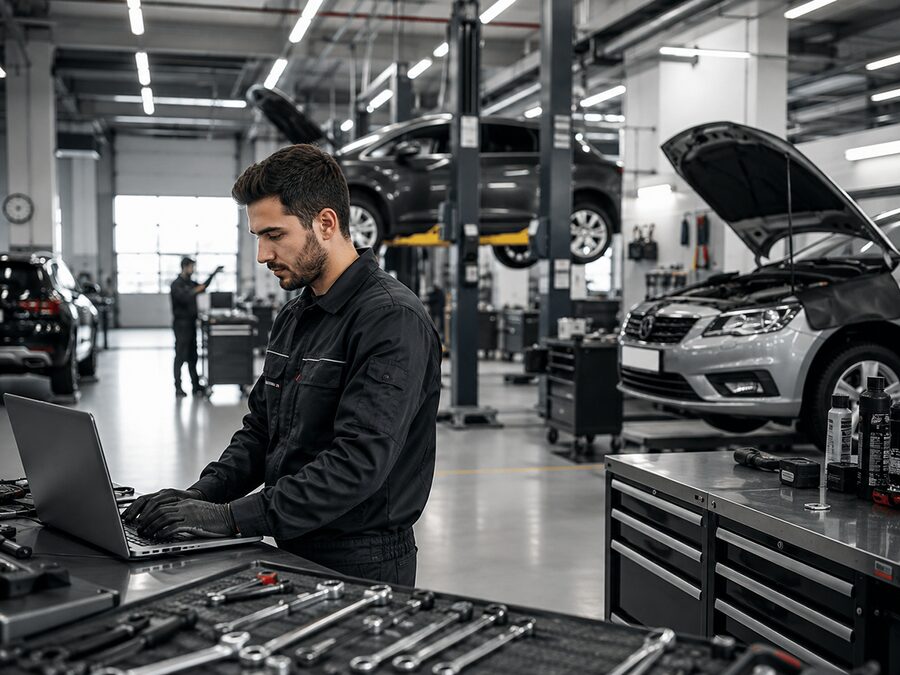 Oto serviste motor bakımı yapan teknisyen
