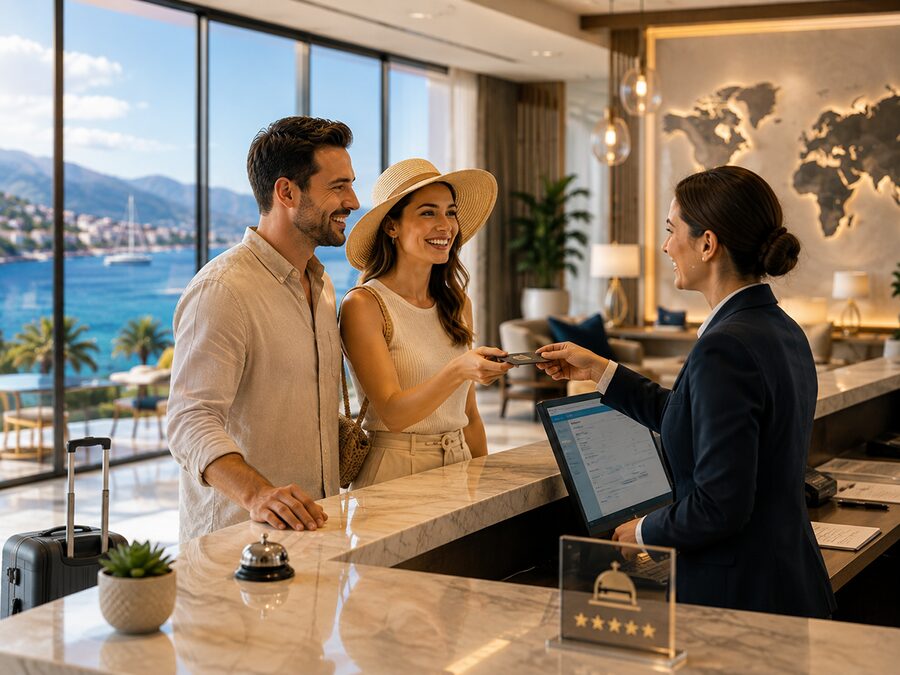 Otel resepsiyonunda konuklarını karşılayan görevli